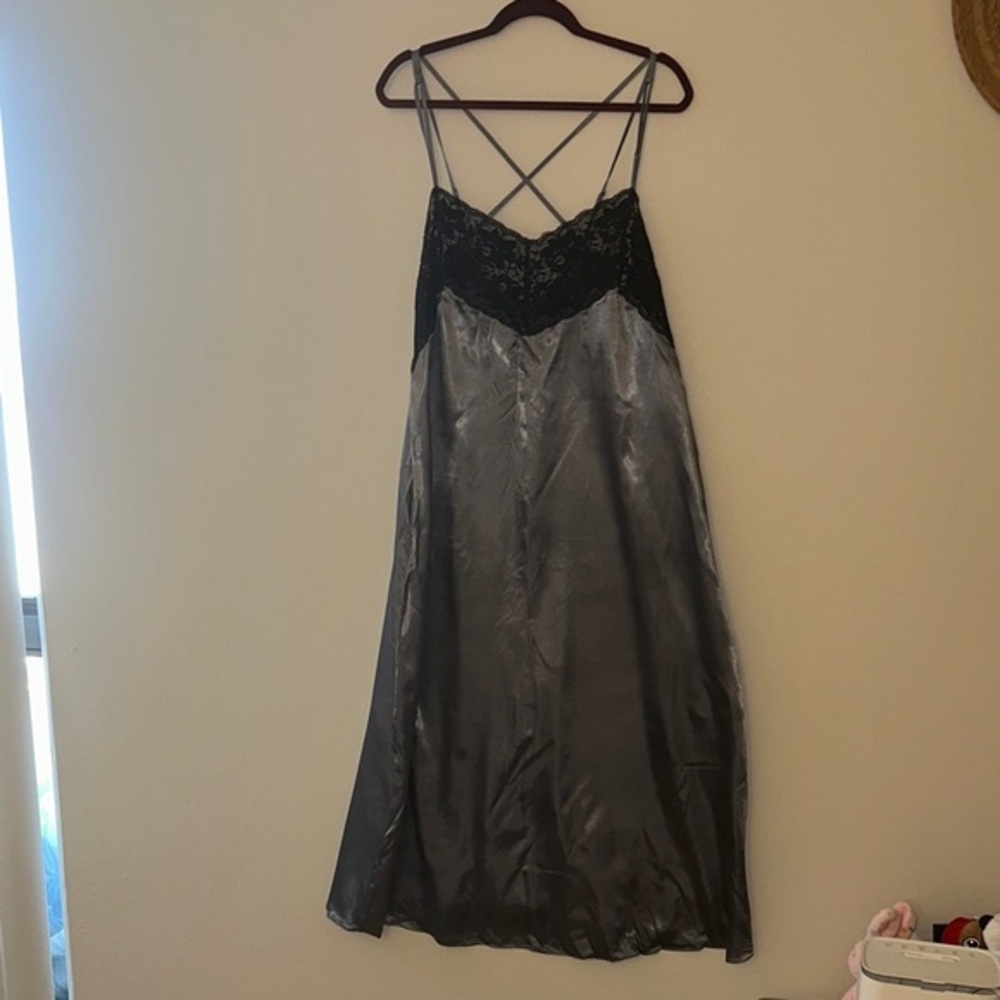 Woman Within Black Lace and Gray Satin Chemise